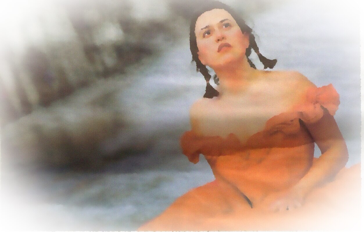 Loraine Sauvage, artistic watercolor-style portrait by the water